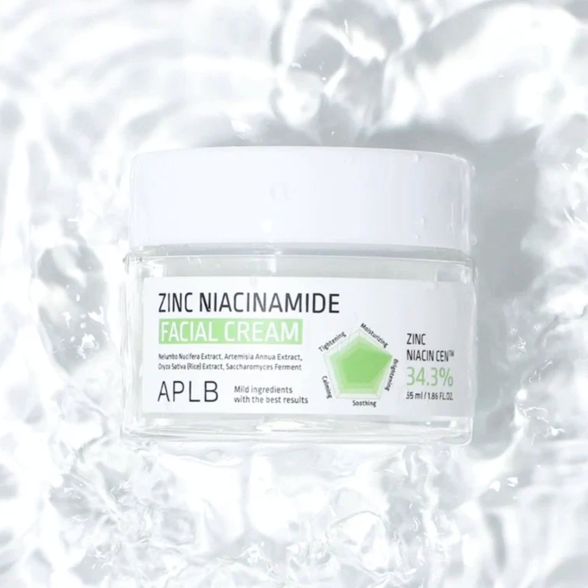 APLB Zinc Niacinamide facial cream in a 55ml jar, moisturizing face cream with zinc and niacinamide for healthy skin.