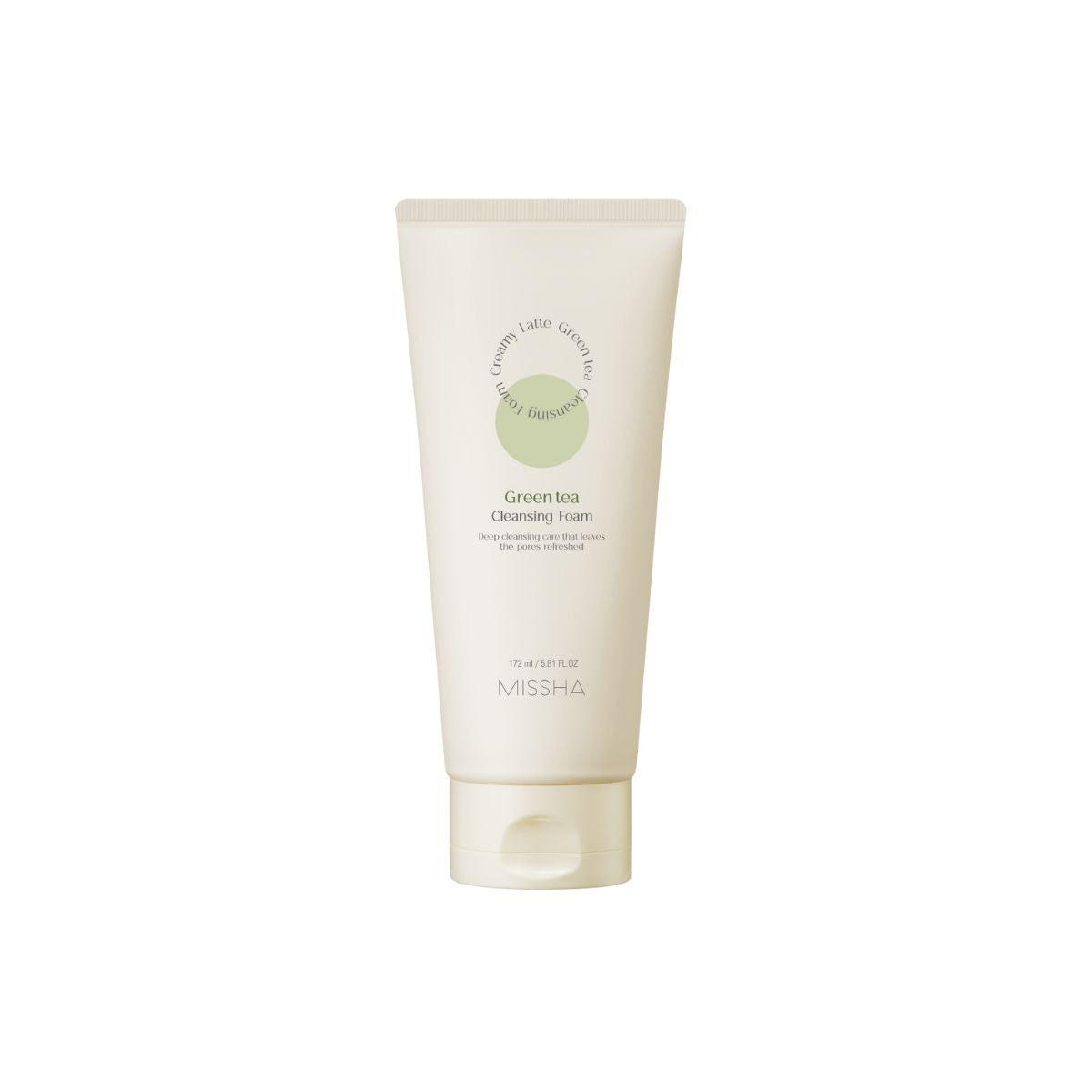 Missha Creamy Latte Cleansing Foam in a 172ml bottle, showing the gel and foam cleanser with a creamy texture and packaging.