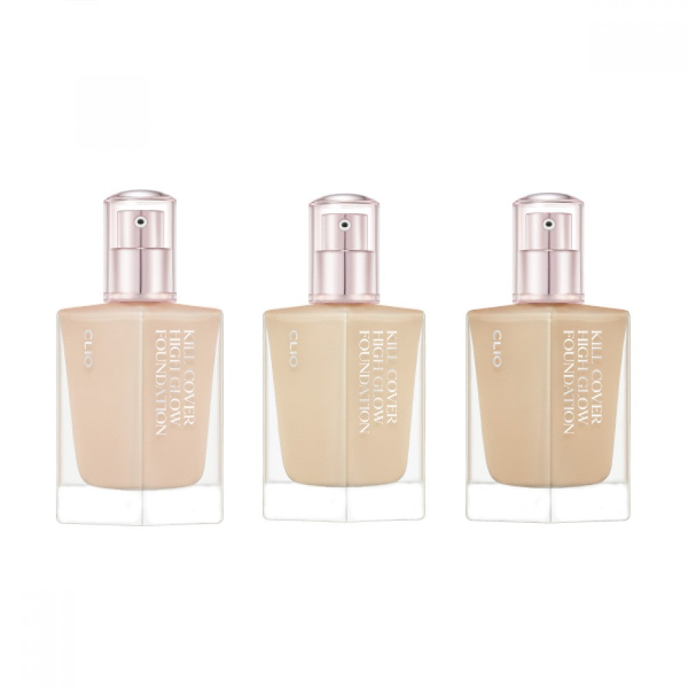 Clio Kill Cover High Glow Foundation 38g in a sleek liquid foundation bottle with a pump dispenser and high-glow finish.