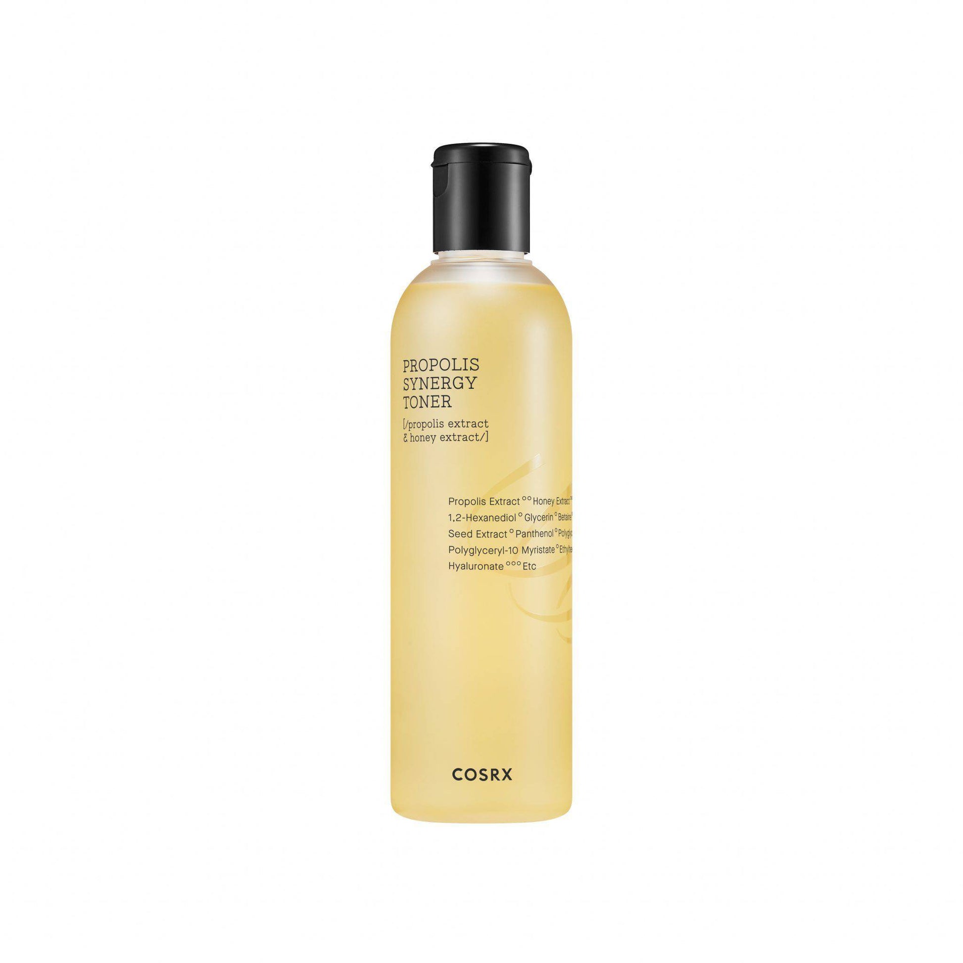 COSRX Full Fit Propolis Synergy Toner 150ml bottle, featuring clear liquid and white cap, for nourishing skin care.