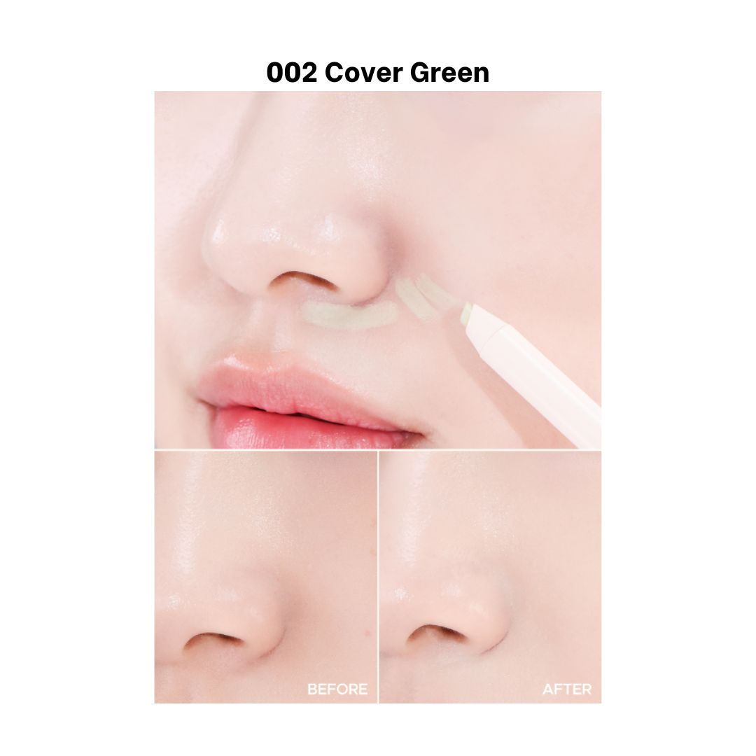 Peripera Mood Fit Pencil Concealer and Corrector with green cover for blemish and redness concealment, precise application tool.