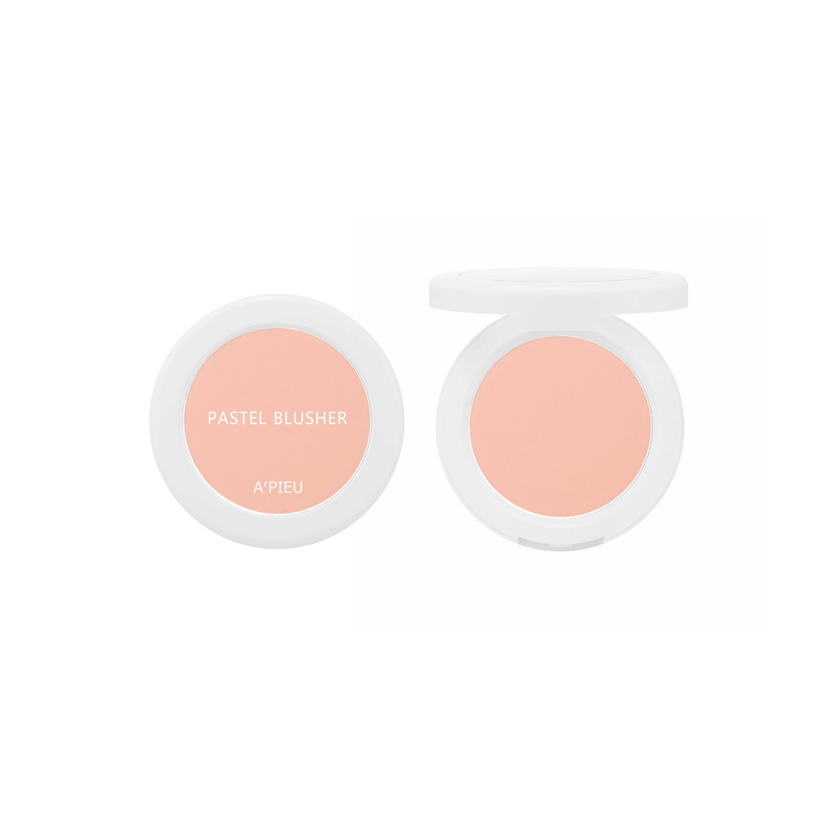 A'pieu pastel blush in a soft pink shade, displayed in a round compact with the blush powder visible inside.