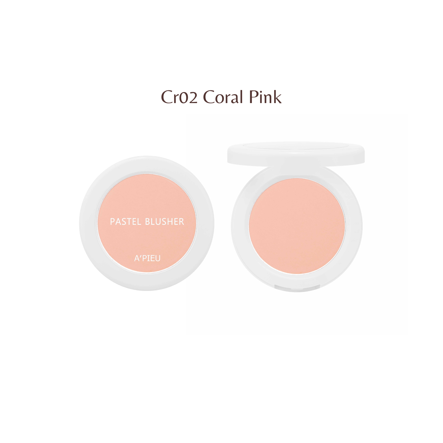 A'pieu pastel blush in soft pink and peach shades, showing a compact blush with a smooth, matte finish.