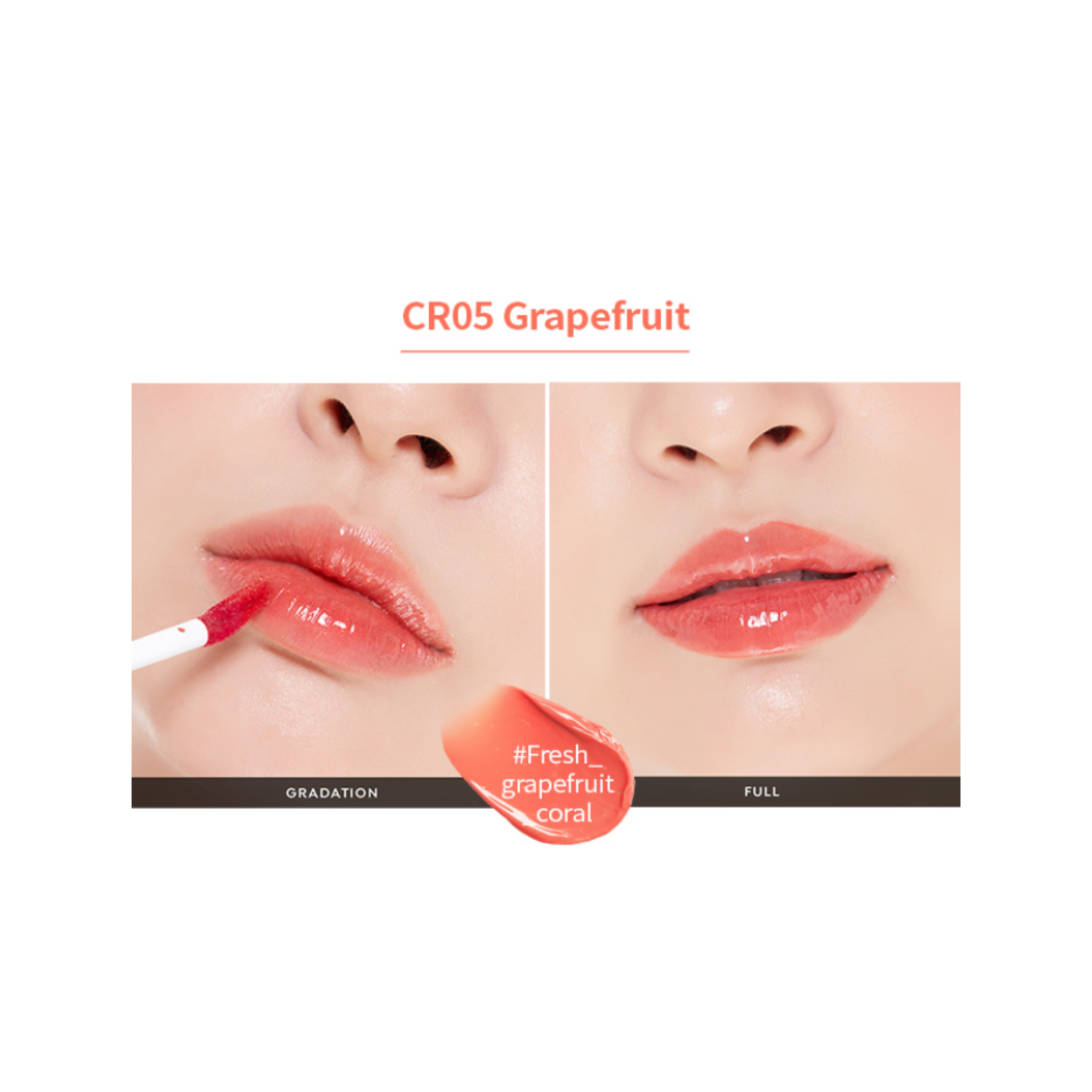 A'pieu Juicy-Pang Lip Tint in shade CR05, showcasing a close-up of the vibrant, glossy lip tint applied smoothly on lips.