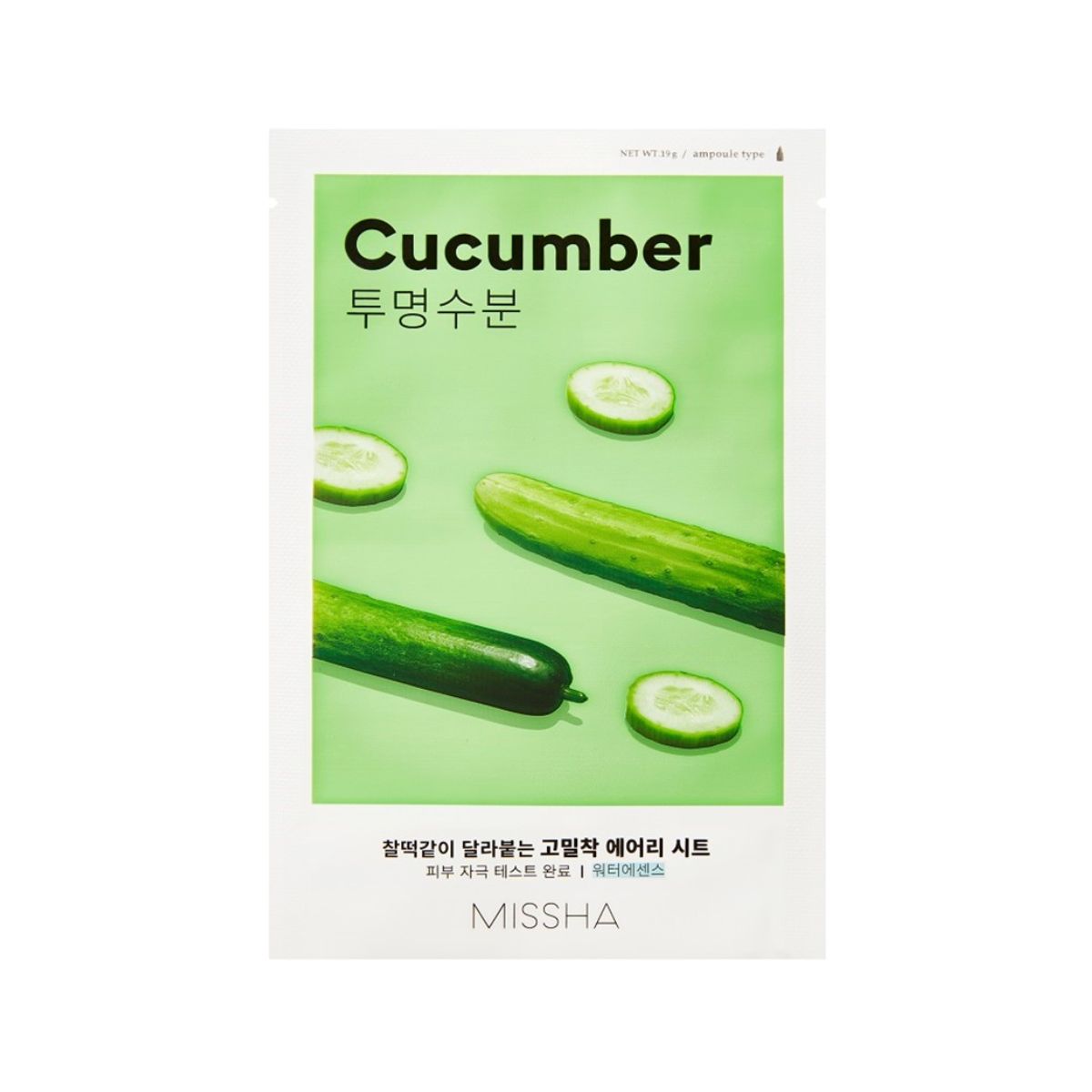 Missha Airy Fit Sheet Mask with cucumber for soothing and hydrating skin, showing the mask and cucumber slices.