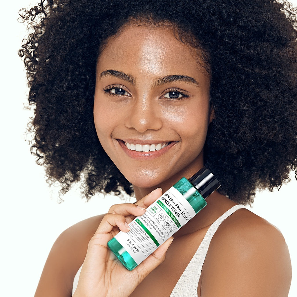 Some By Mi AHA BHA PHA 30 Days Miracle Toner in a 150ml bottle, showing clear liquid and minimalist label design.