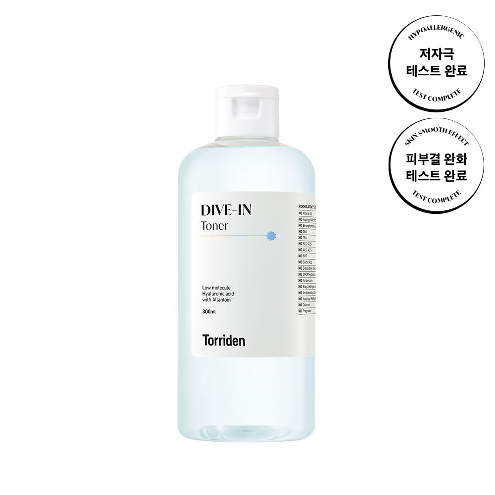 Torriden DIVE-IN Low Molecular Hyaluronic Acid Toner in a clear 300ml bottle with a white cap, showing the toner inside.