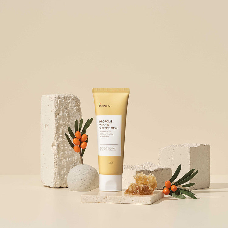 iUNIK Propolis Vitamin Sleeping Mask in 60ml jar, a leave-on skincare mask with nourishing ingredients for overnight skin hydration.