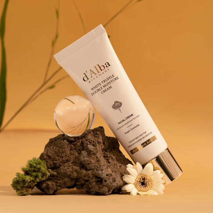 White Truffle Double Moisture Cream by d'Alba in a 60ml jar, showcasing smooth, white face moisturizer with elegant packaging.