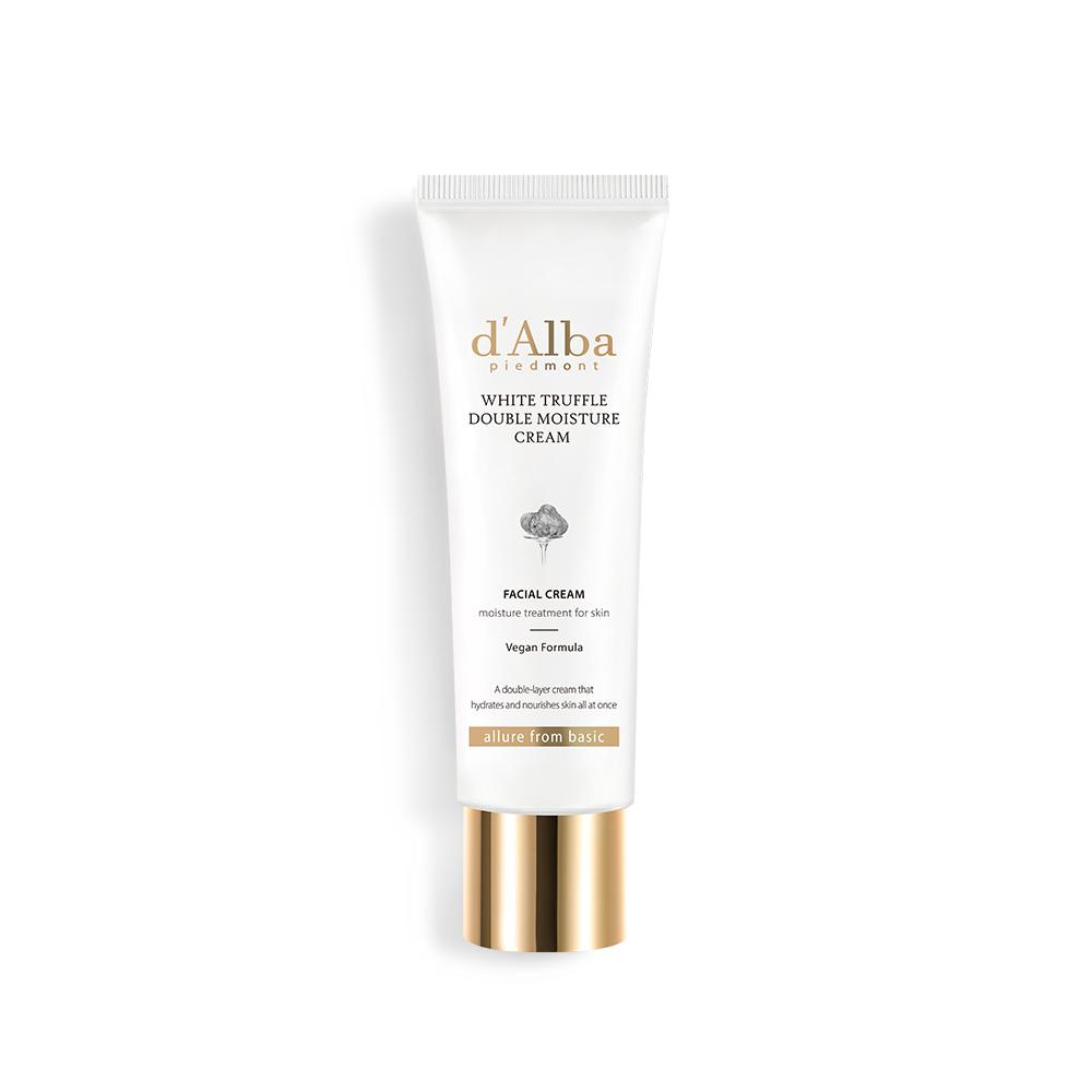 White Truffle Double Moisture Cream by d'Alba, 60ml face moisturizer featuring a sleek white jar with a minimalist design.