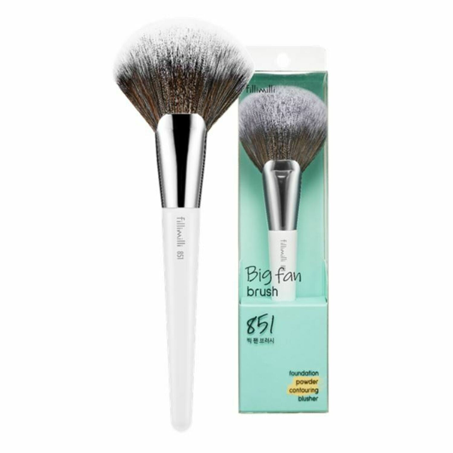 Fillimilli Big Fan Brush 851 makeup brush with large, fluffy bristles for face and blush application, shown in a close-up view.