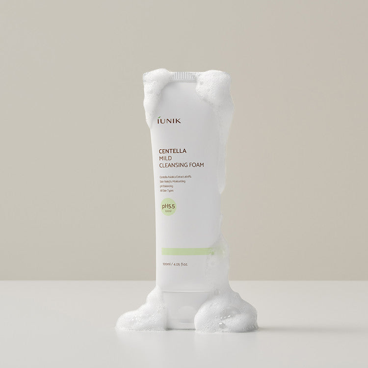 iUNIK Centella Mild Cleansing Foam in a 120ml tube, showing a gentle gel and foam cleanser with botanical ingredients.