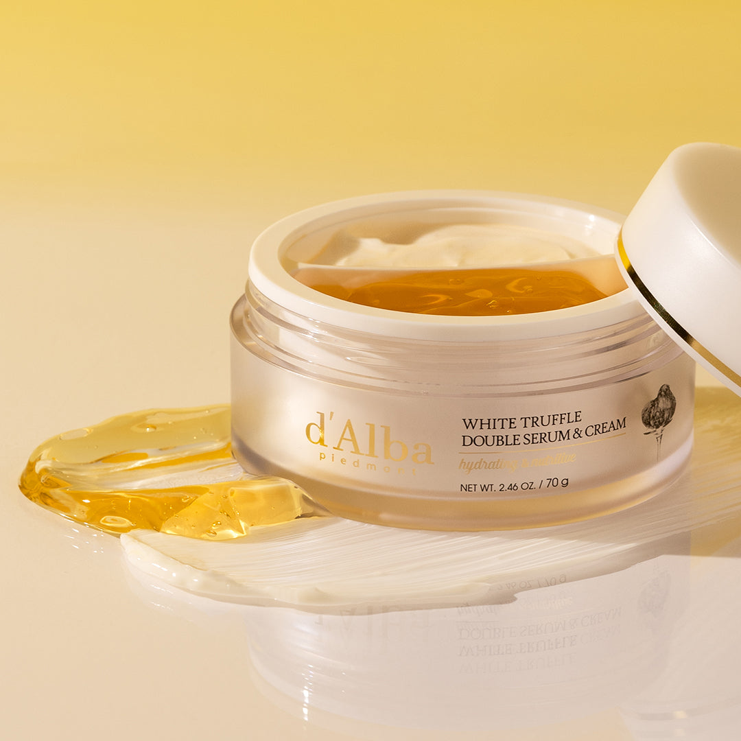 d'Alba White Truffle Double Serum and Cream face moisturizer in 70g jar, showing the elegant white packaging and cream texture.