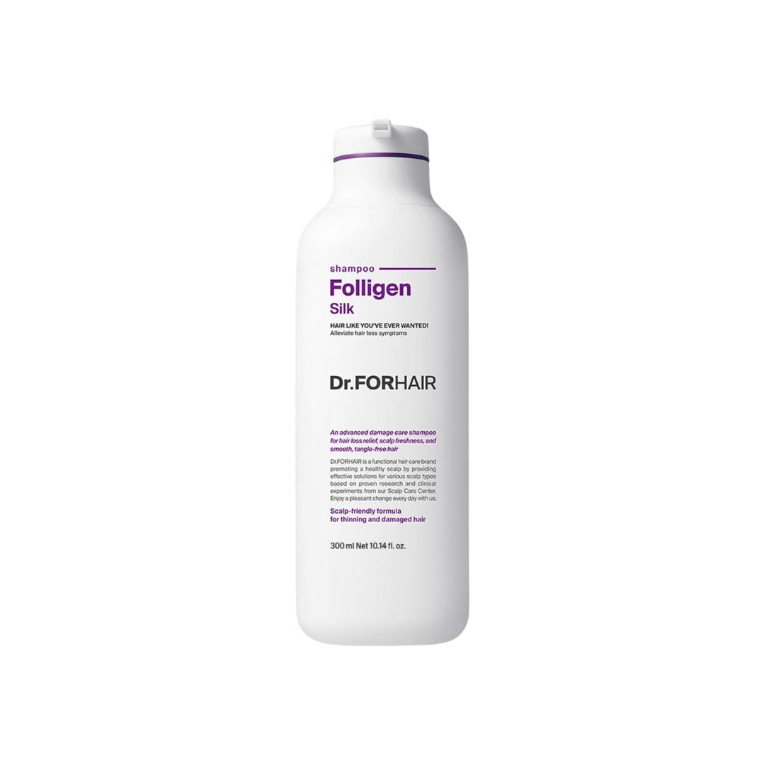 Dr.Forhair Folligen Silk Shampoo 300ml and Original Shampoo 70ml bundle, bottles with sleek packaging and labels visible.