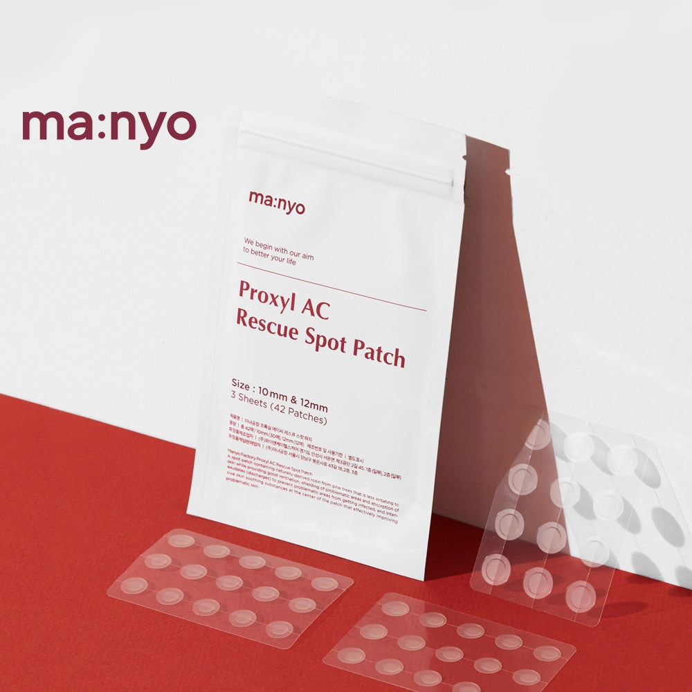 Ma:nyo AC Rescue Ampoule Spot Patch pack showing several clear acne treatment patches on a white background
