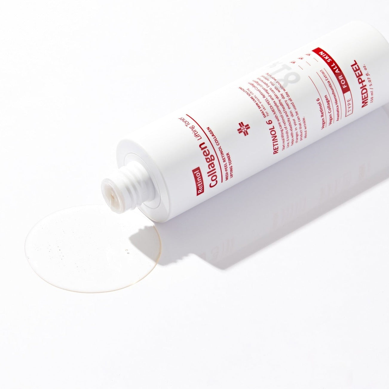 Medipeel+ Retinol Collagen Lifting Toner 150ml bottle with clear label and pump dispenser on a neutral background