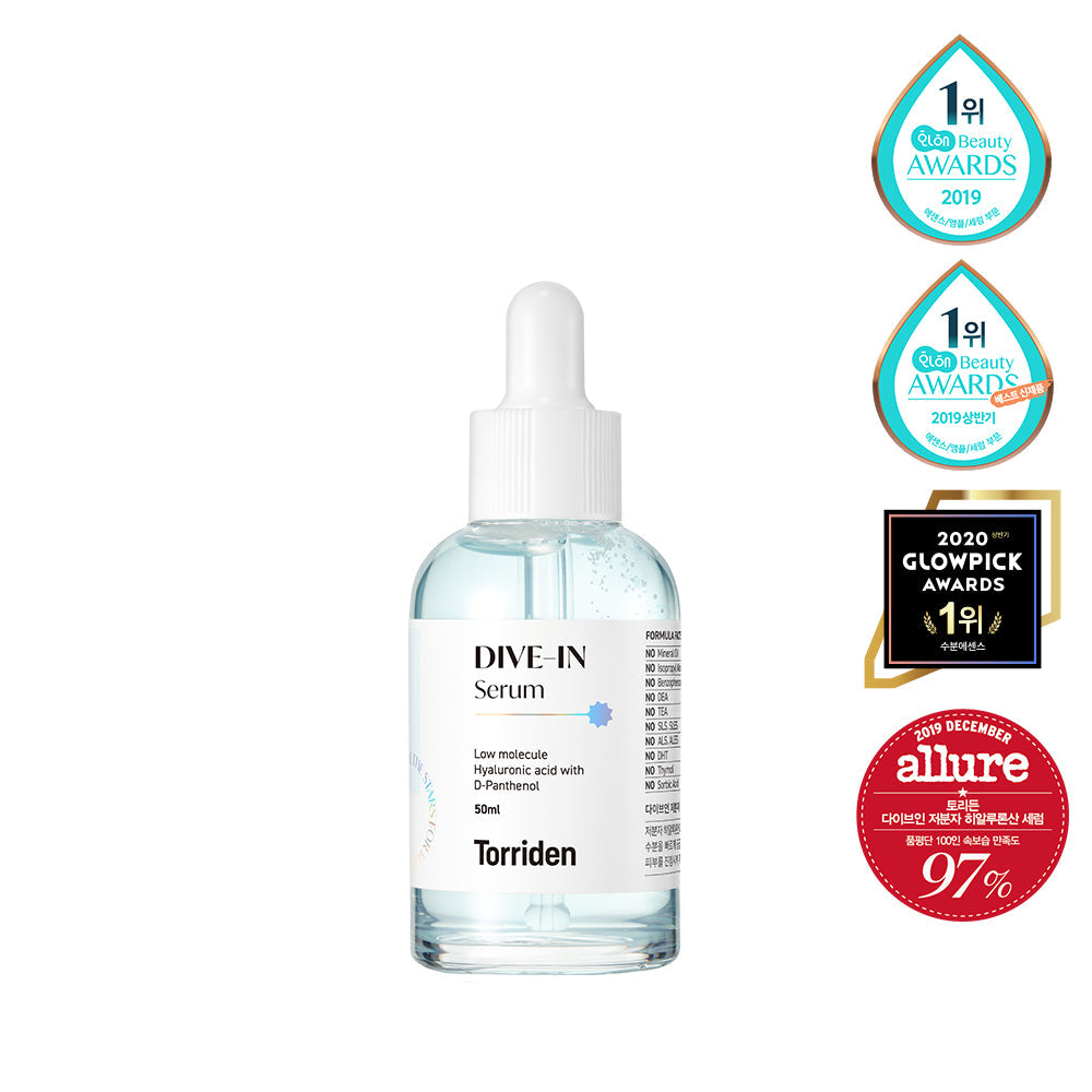 Torriden DIVE-IN Hyaluronic Acid Serum in a 50ml bottle, clear gel texture, designed for deep hydration and skin plumping.