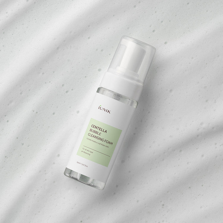 iUNIK Centella Bubble Cleansing Foam in a 150ml tube, showcasing its gel and foam cleanser texture with centella extract.