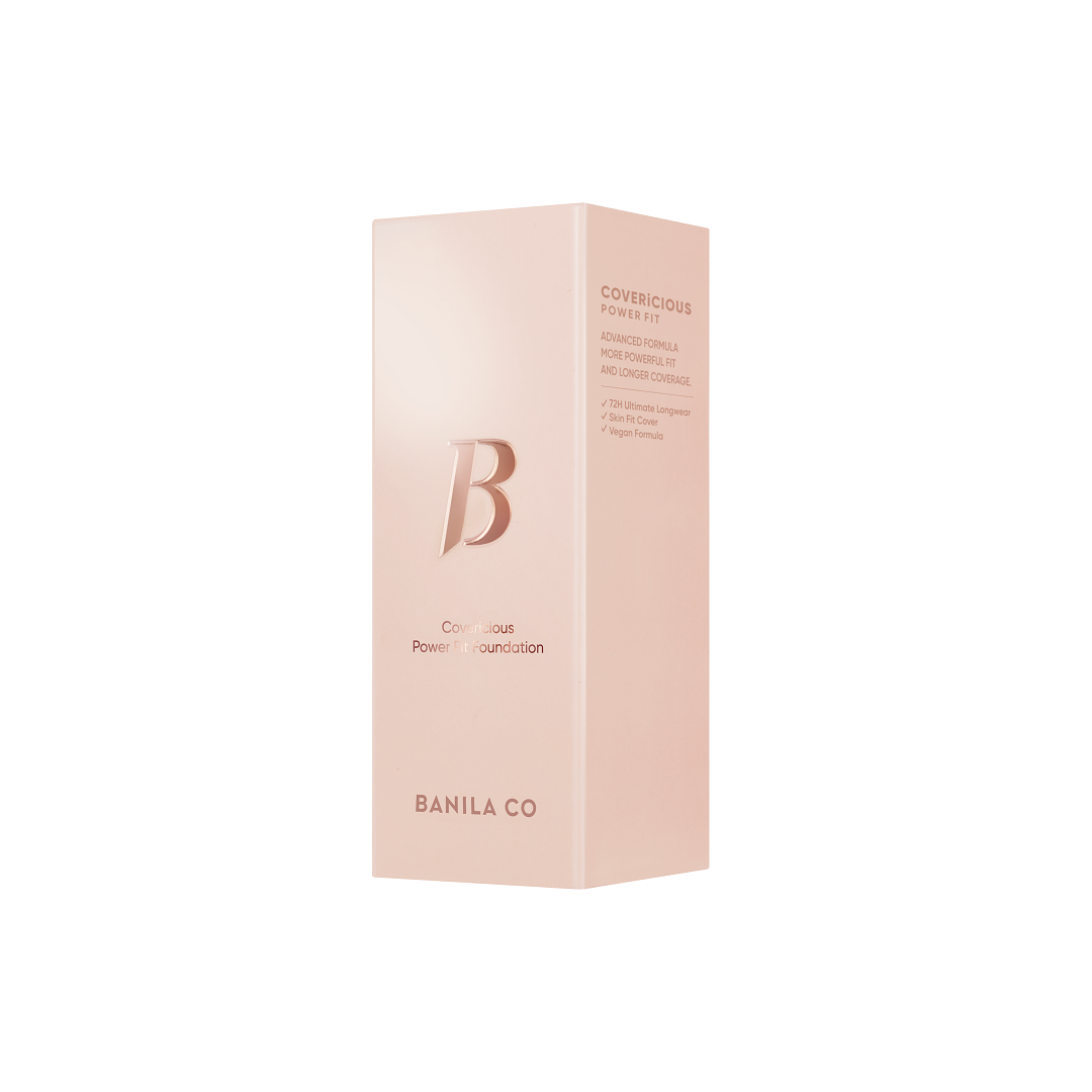 Banila Co Covericious Power Fit Liquid Foundation in a 30ml bottle, with a sleek design and light beige shade.
