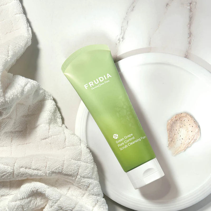 Frudia Green Grape Pore Control Scrub Cleansing Foam in 145ml tube, gel and foam cleanser for pore cleansing and control.
