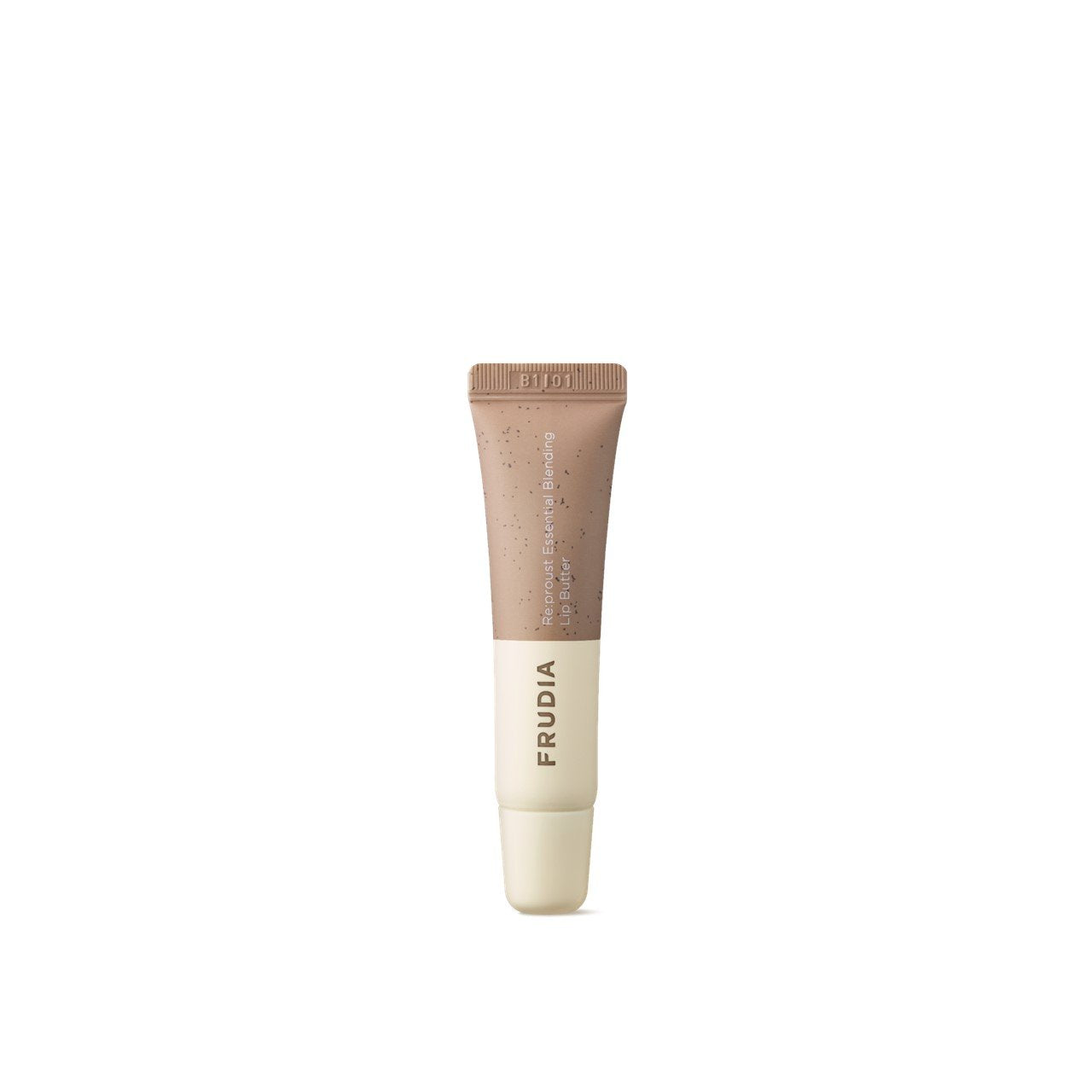 Frudia Re:proust Essential Blending Lip Butter Earthy 10g in a soft, natural-colored jar with a clear lid, showcasing its earthy tone.