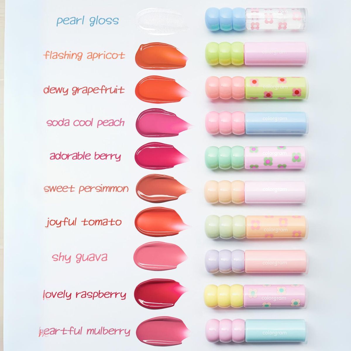 Colorgram Fruity Glass Tint lip tint in vibrant colors, with a close-up of the colorful glass packaging and product applicator.