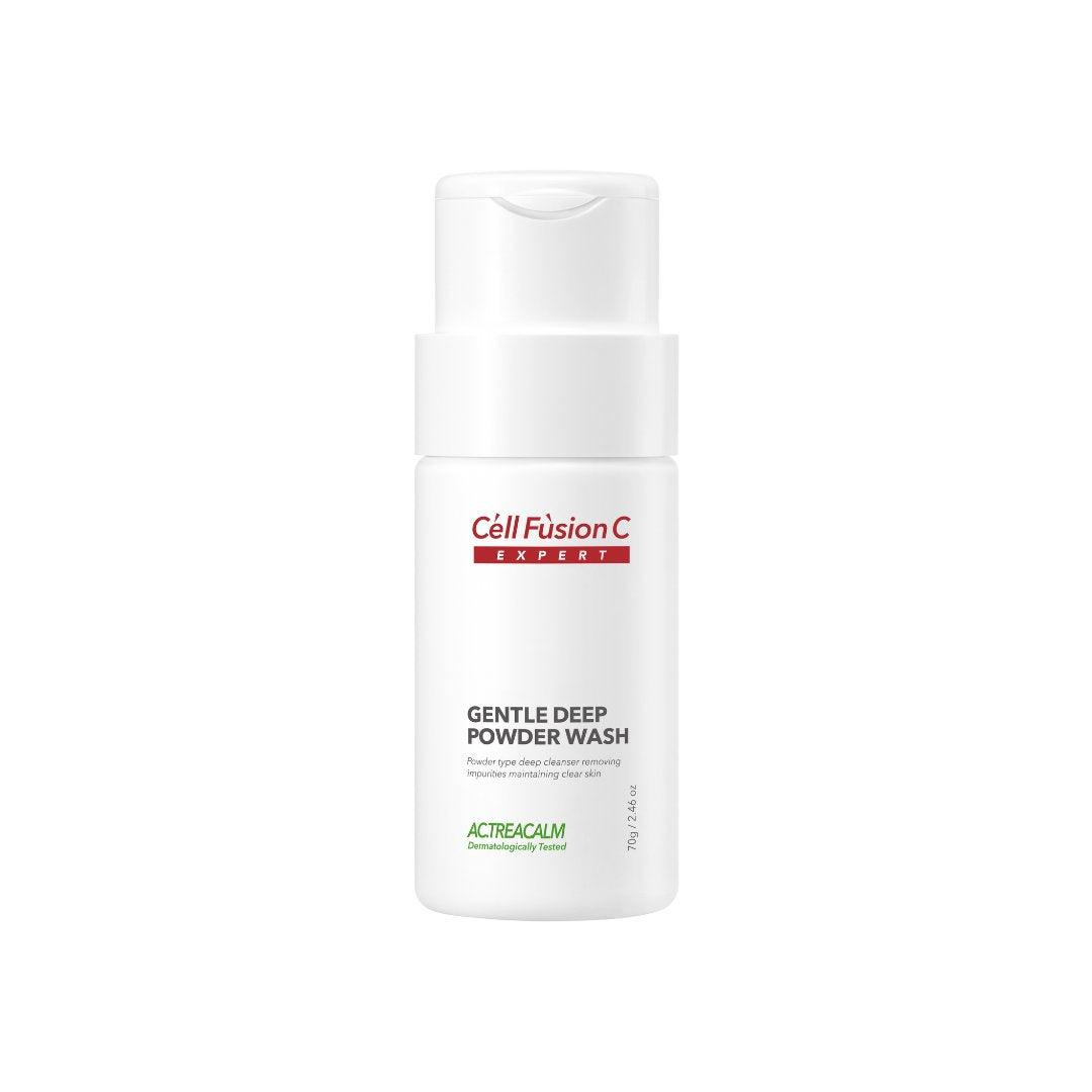 Cell Fusion C Expert Gentle Deep Powder Wash 70g, a skincare powder cleanser in a white container with a scoop.