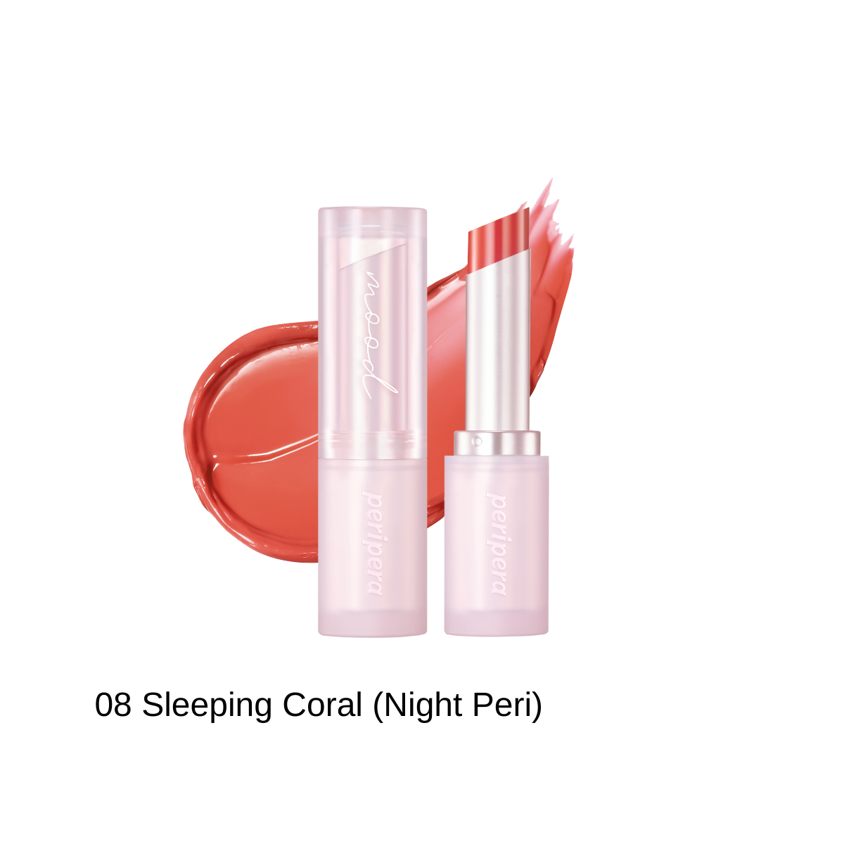 Peripera Ink Mood Glowy Balm lipstick in a vibrant shade, shown with the product packaging and open to reveal the balm inside.