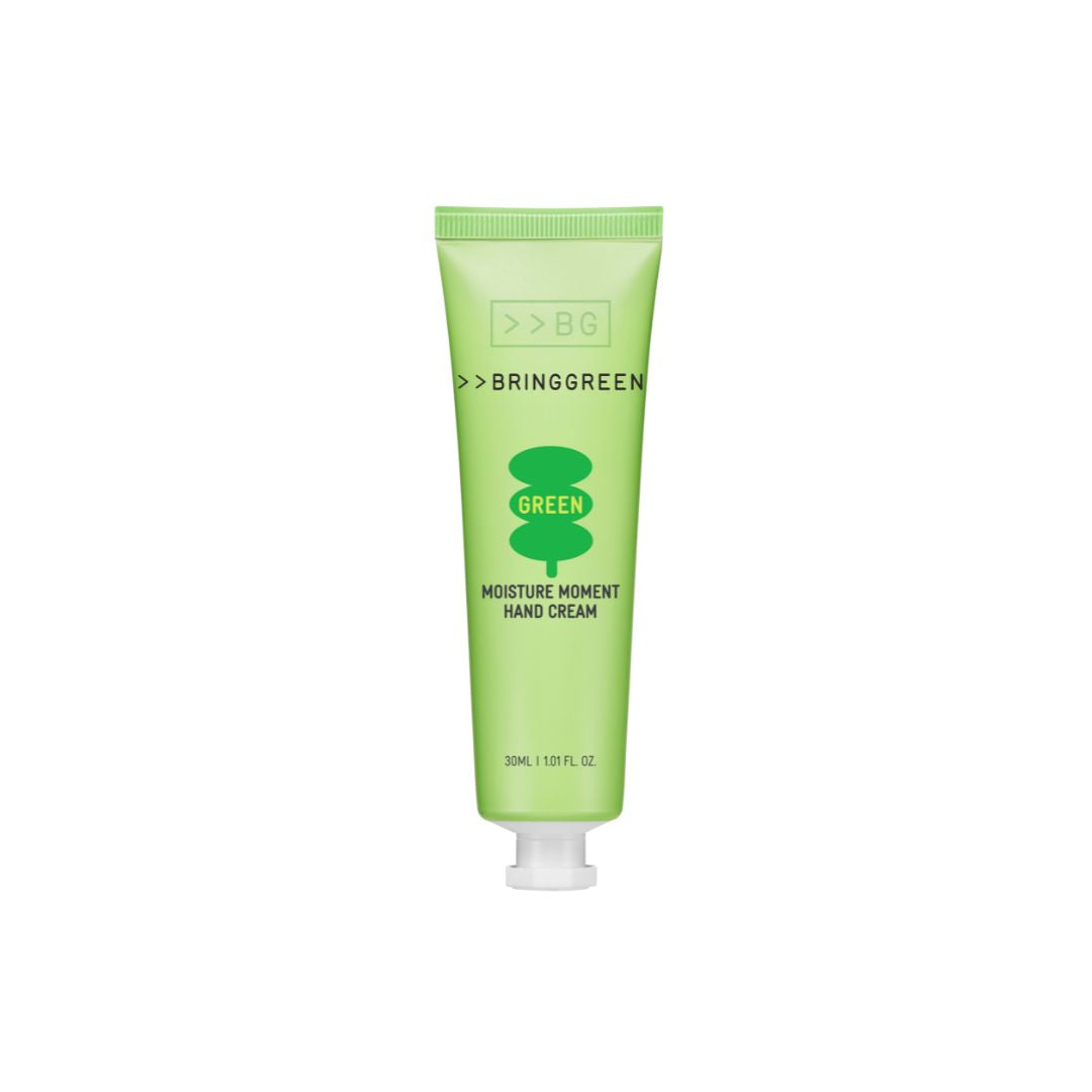 Bring Green Moisture Moment Hand Cream in green 30ml tube, smooth texture, ideal for nourishing and hydrating hands.