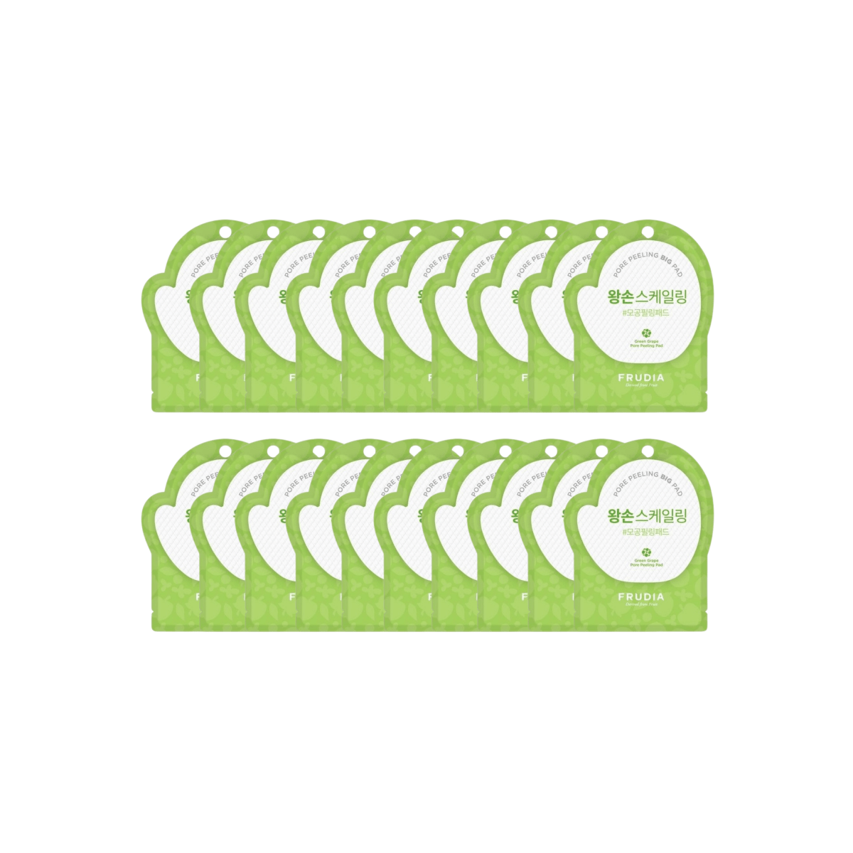 Bundle of 50 Frudia Greengrape Pore Peeling Pads showing textured exfoliating pads in a clear plastic container