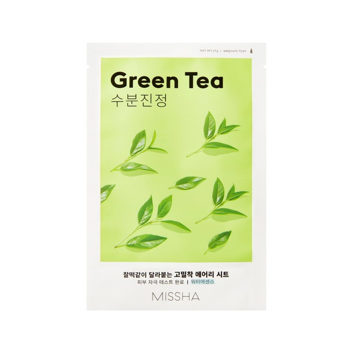 Missha Airy Fit Sheet Mask with green tea extract, showing the soft sheet mask material designed for facial skincare.