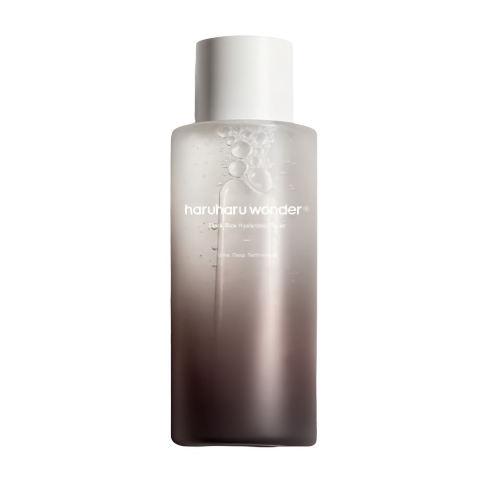 Haruharu Wonder Black Rice Hyaluronic Toner 300ml bottle with label, showcasing clear liquid and minimalist design.