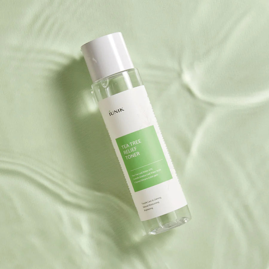 iUNIK Tea Tree Relief Toner in a 200ml bottle, featuring a clear liquid with tea tree extract for soothing and refreshing skin care.