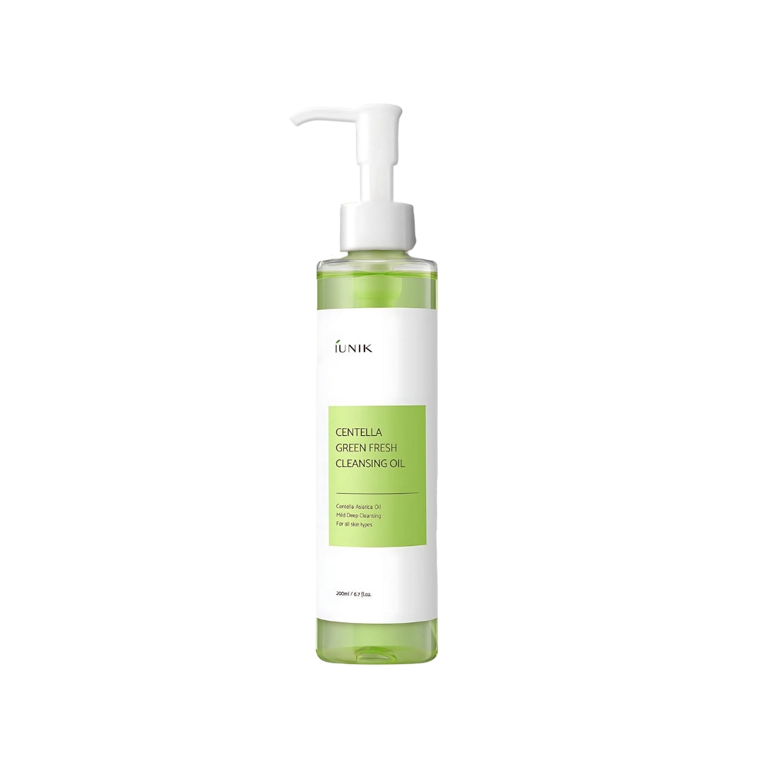 iUNIK Centella Green Fresh Cleansing Oil 200ml in a clear bottle, featuring a green label and pump dispenser for gentle facial cleansing.