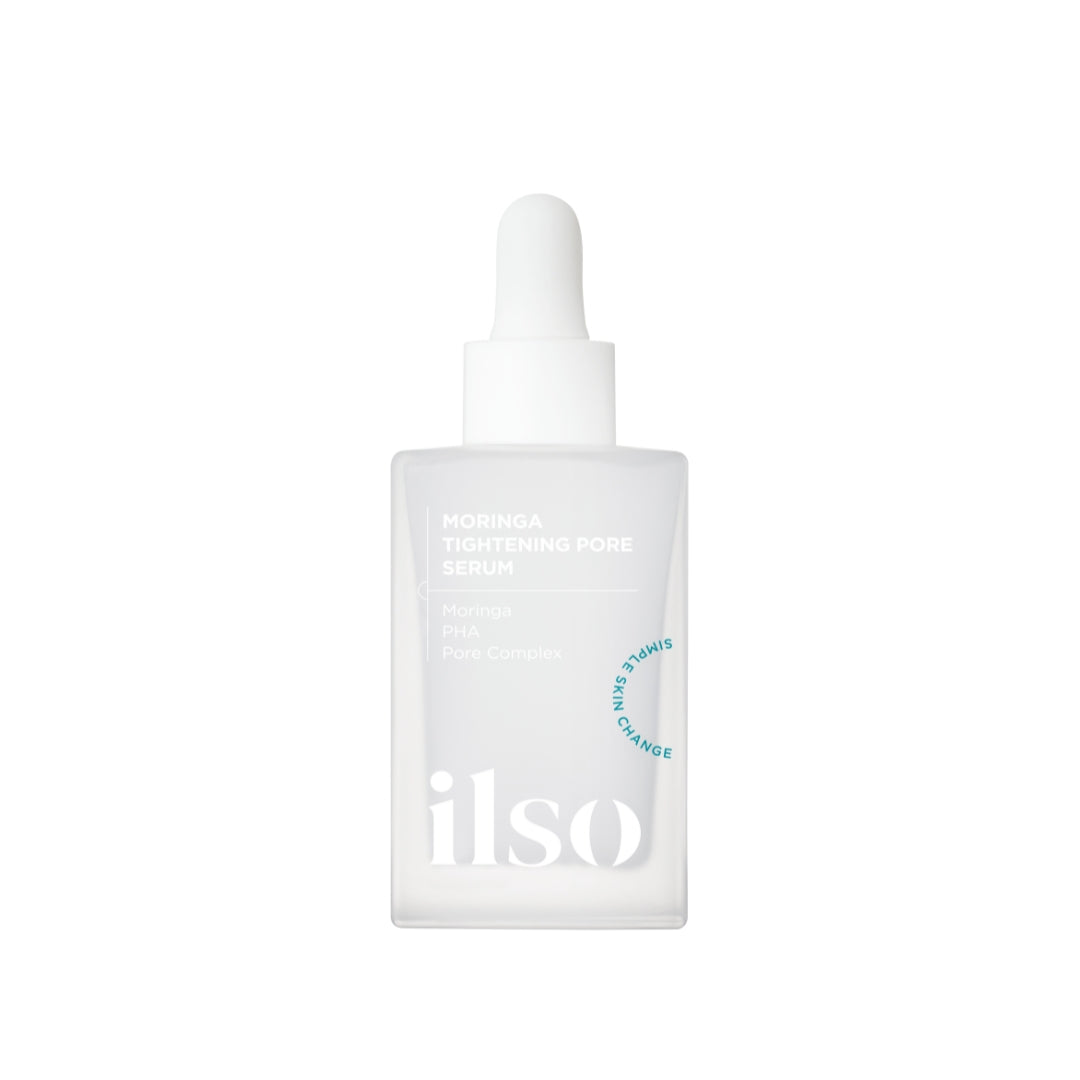 ILSO Moringa Tightening Pore Serum 30ml bottle with dropper, showcasing clear glass packaging and product label.