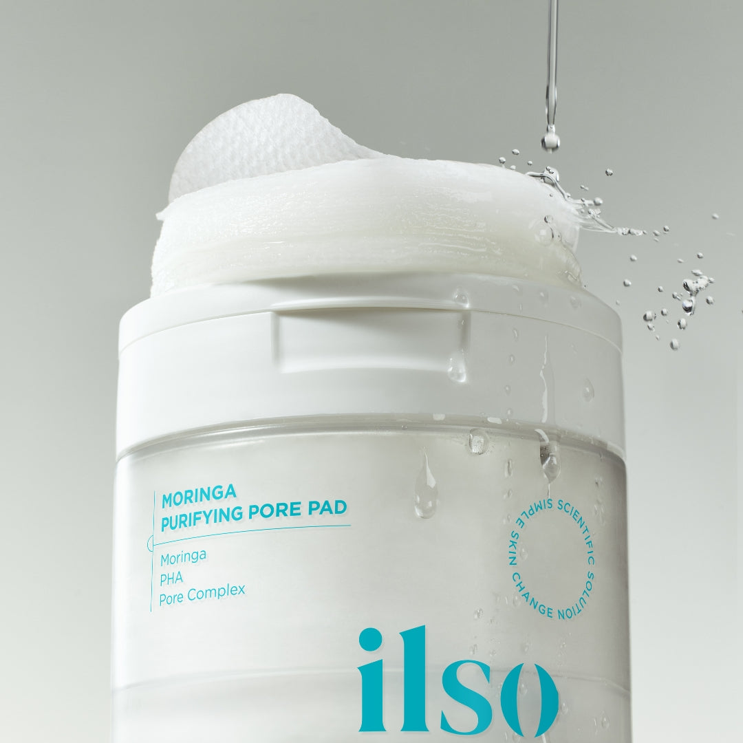 ILSO Moringa Purifying Pore Pad toner pad showing 60 pads in a clear container for pore cleansing and skin purification.