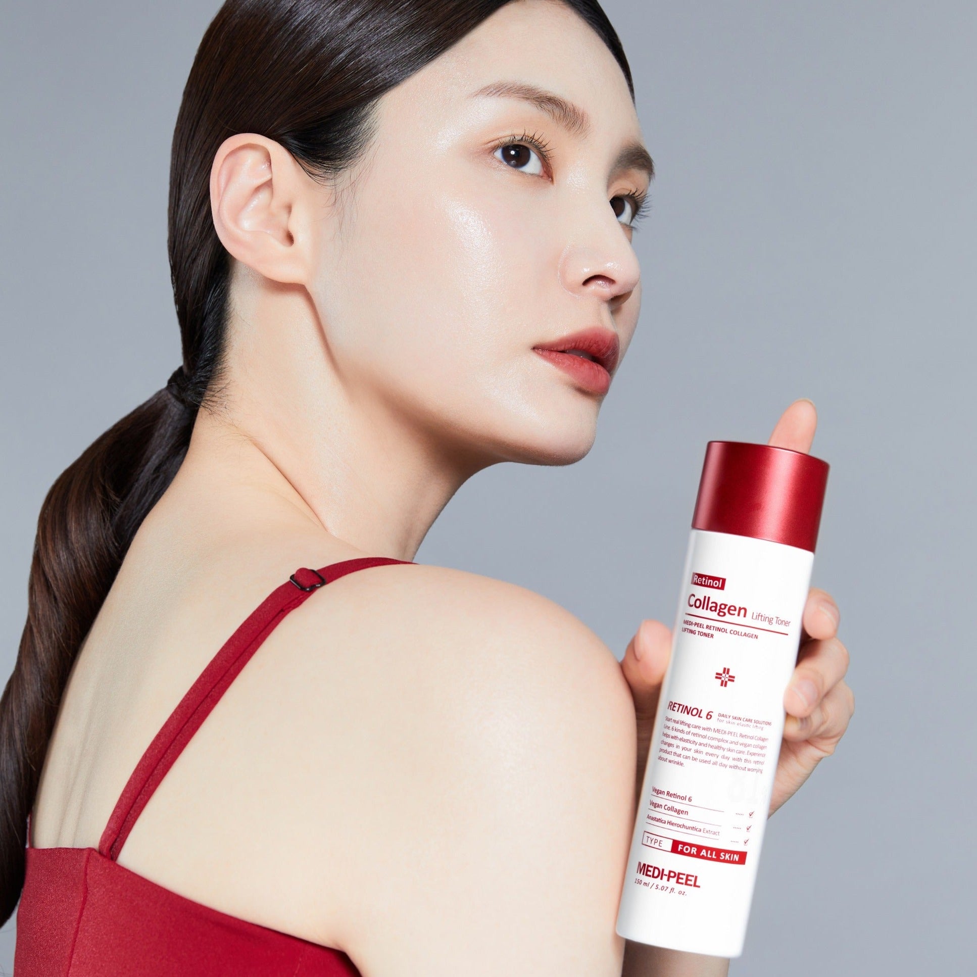 Medipeel+ Retinol Collagen Lifting Toner 150ml bottle, clear liquid with a white label and blue accents, designed for skincare.
