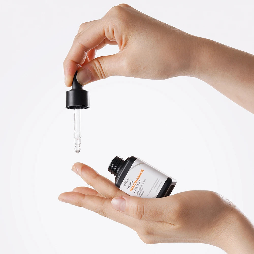 Isntree Niacinamide 20 Serum in a 20ml bottle, showcasing clear liquid serum with a minimalist label and dropper applicator.
