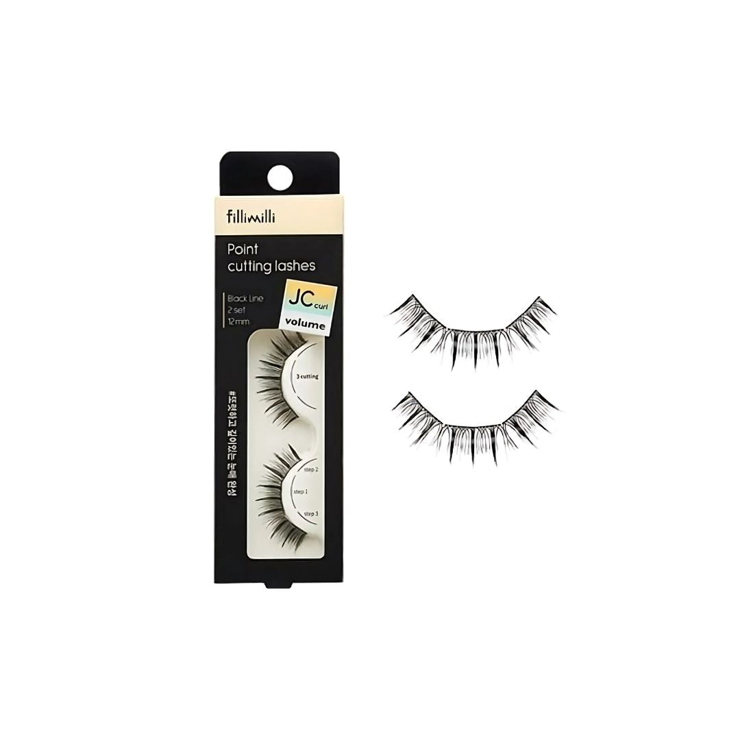 Fillimilli Point Cutting False Lashes with two sets, featuring natural-looking, finely tapered lash strands for a subtle, elegant eye enhancement.