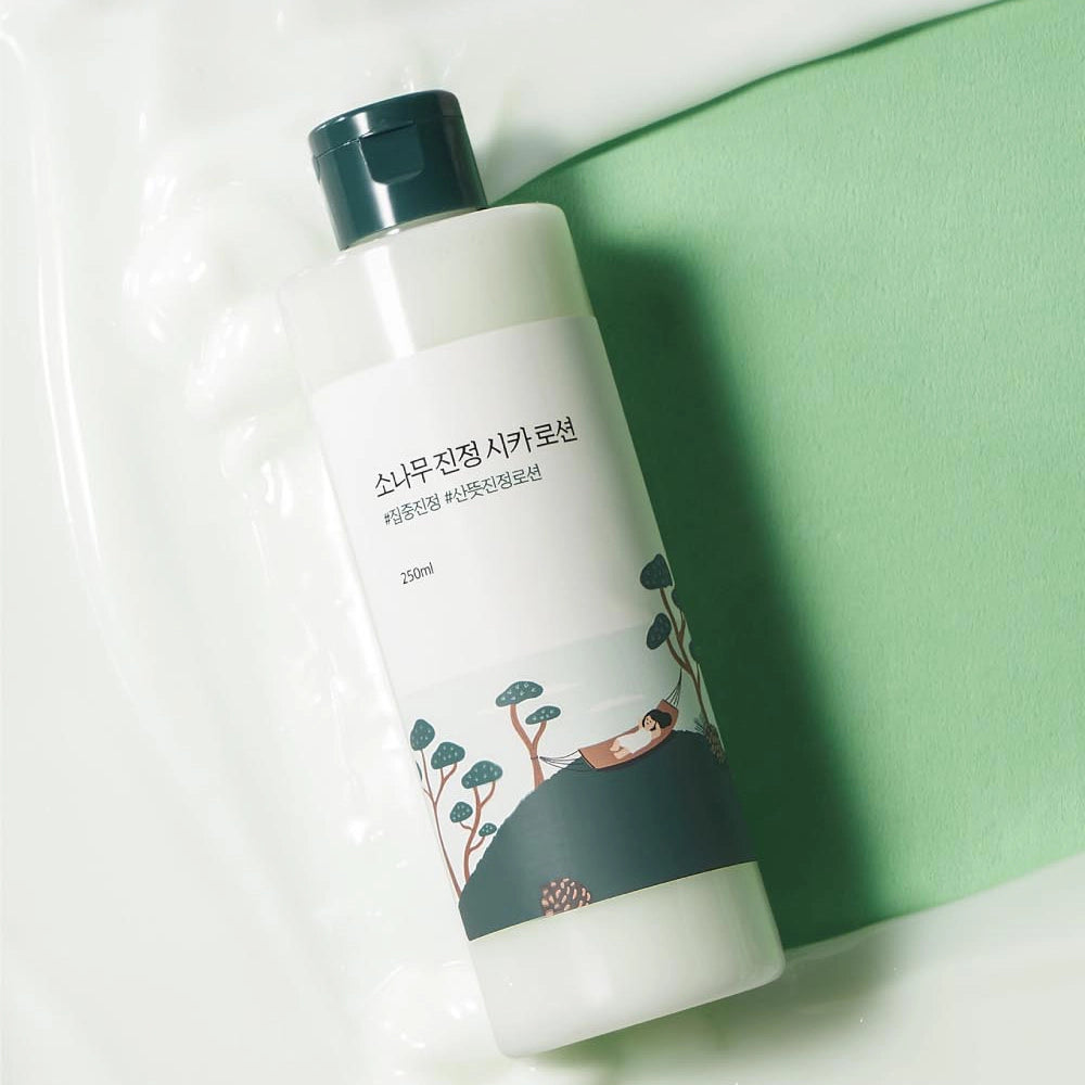 Round Lab Pine Calming Cica Lotion 250ml toner bottle with soothing, calming skincare ingredients and minimalist design.