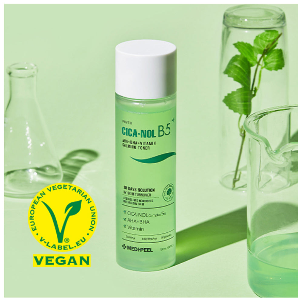 MEDIPEEL+ Cica-Nol B5 AHA + BHA Vitamin Calming Toner in 150ml bottle, showing the product with a clear liquid and label.