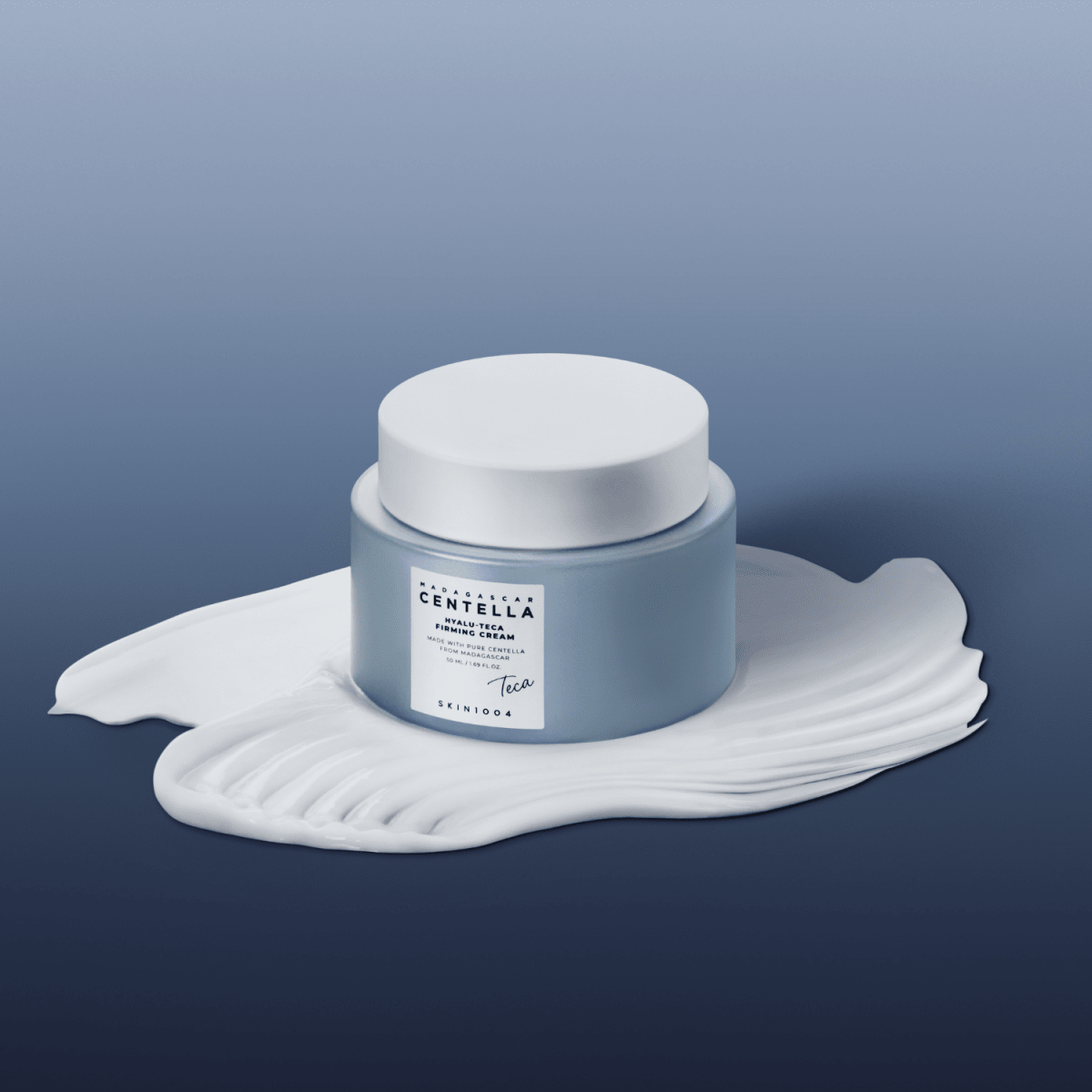 SKIN1004 Madagascar Centella Hyalu-Teca Firming Cream 50ml, a face moisturizer with centella and hyaluronic acid, in a jar.