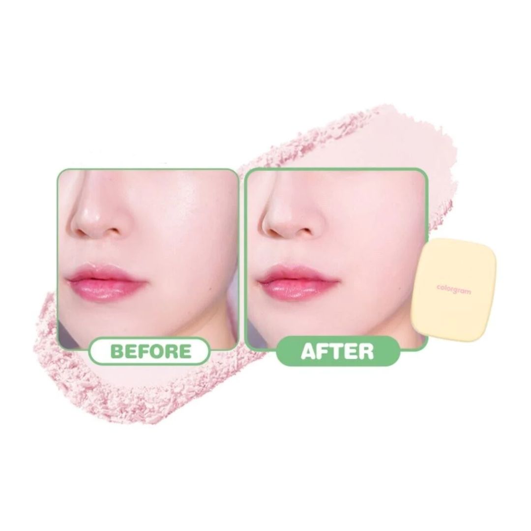 Colorgram Sebum Retouching Blur Pact setting powder with smooth, matte finish and lightweight texture visible on model's face.