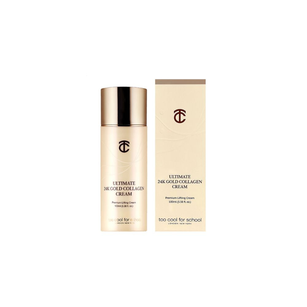 Too Cool For School Ultimate 24K Gold Collagen Cream 100ml face moisturizer jar, with gold accents and luxurious packaging.