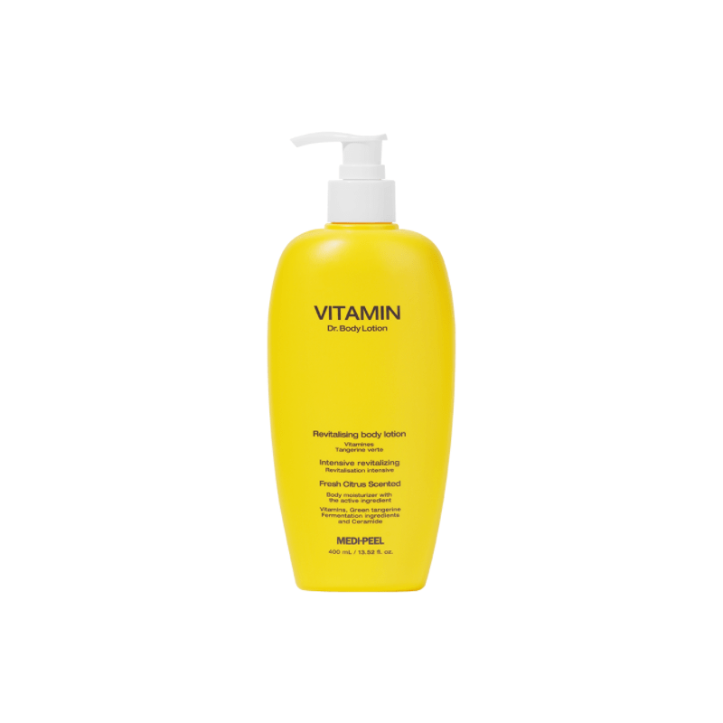 MEDIPEEL+ Vitamin Body Lotion 400ml bottle with smooth, hydrating lotion visible in a pump bottle for nourishing skin care