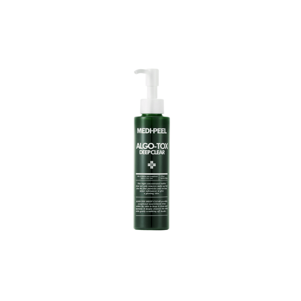 MEDIPEEL+ Algo-Tox Deep Clear 150ml gel and foam cleanser showing its packaging and product container.