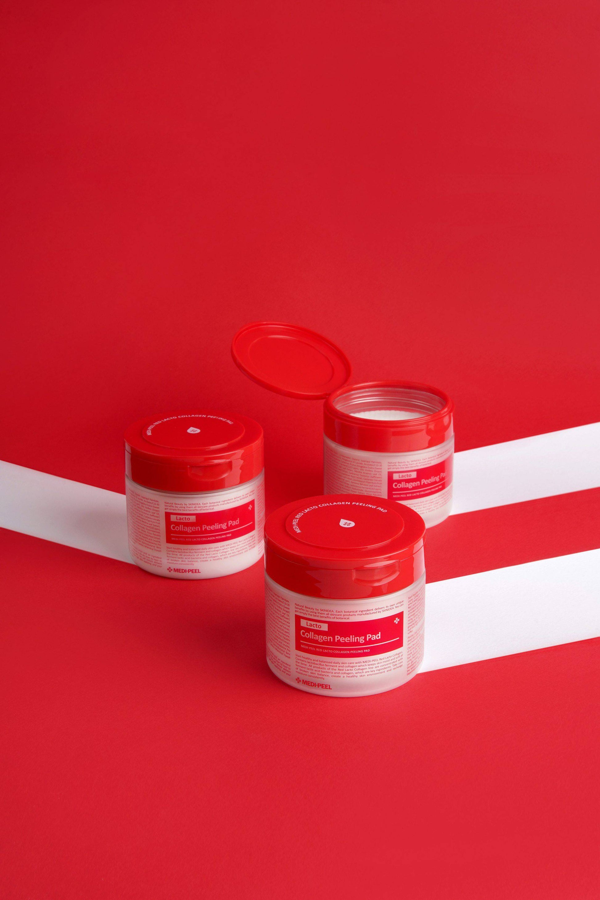 Red Lacto Collagen Peeling Pad by MEDIPEEL+ in a box of 70 toner pads for exfoliating and collagen boosting skin care.