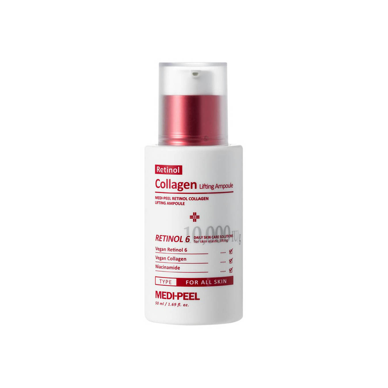 Medipeel+ Retinol Collagen Lifting Ampoule bottle with dropper, 50ml, in a sleek skincare container.