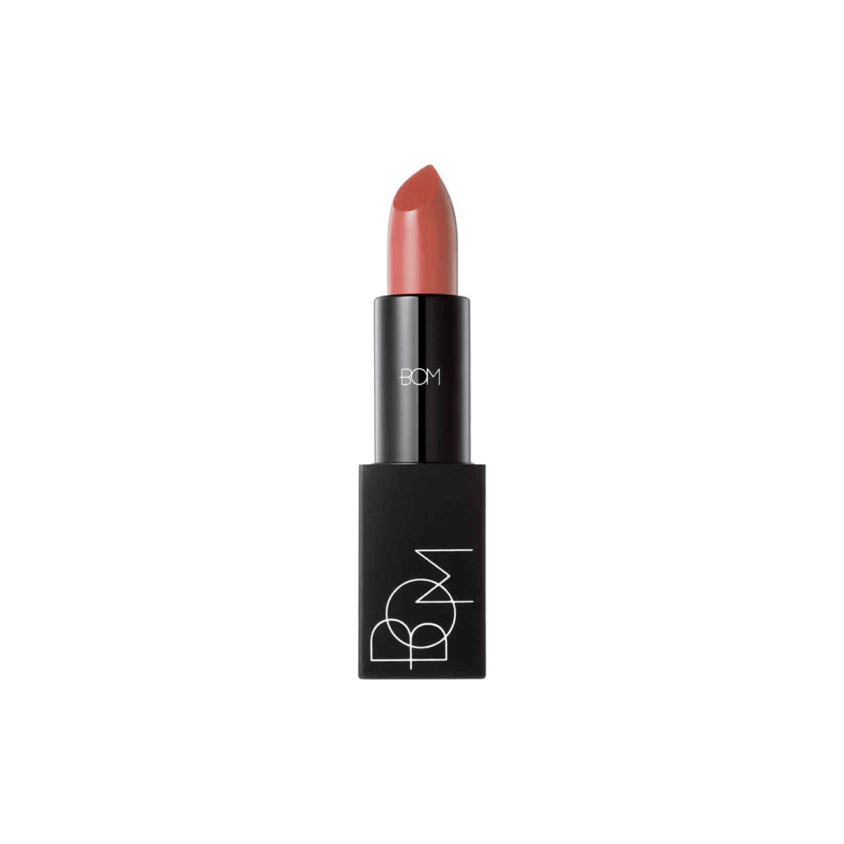 B.O.M lipstick in a sleek tube, showing vibrant red lipstick shade ready for application.