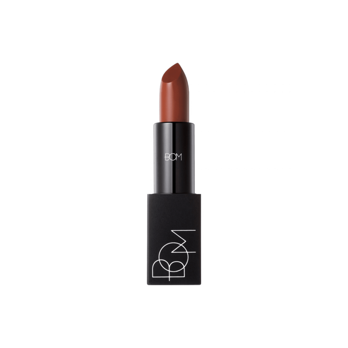 B.O.M lipstick in a sleek tube, featuring a vibrant pink shade with a smooth, creamy texture for bold lip color.